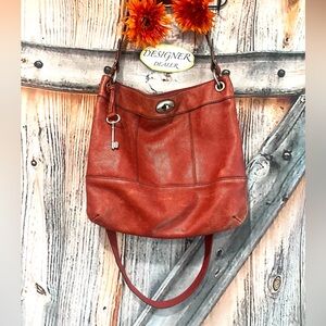 FOSSIL Hunter Reddish Orange Leather Hobo Crossbody GUC!